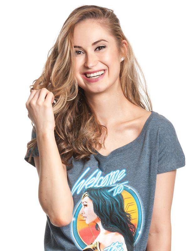 Nastrovje Potsdam Wonderwoman Welcome To 80's Damen Loose-Shirt Blau Meliert