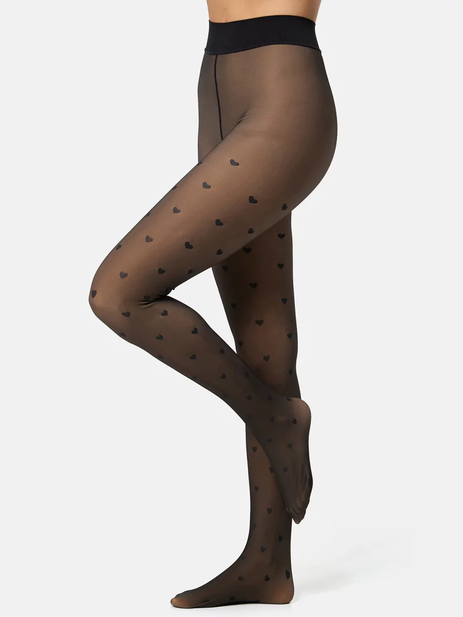 Nur Die Strumpfhose Warm & Transparent mit wärmendem Innenfleece 80 DEN Print - Herzdesign - Größe 40-44