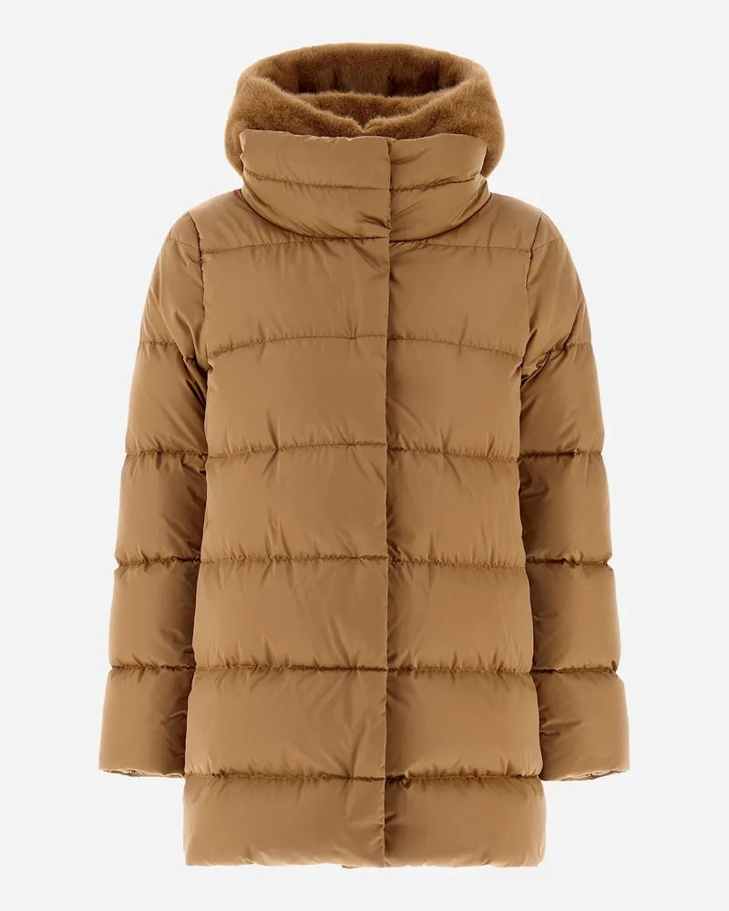 Herno A Form Jacke Aus Satin Und New Lady Faux Fur Camel