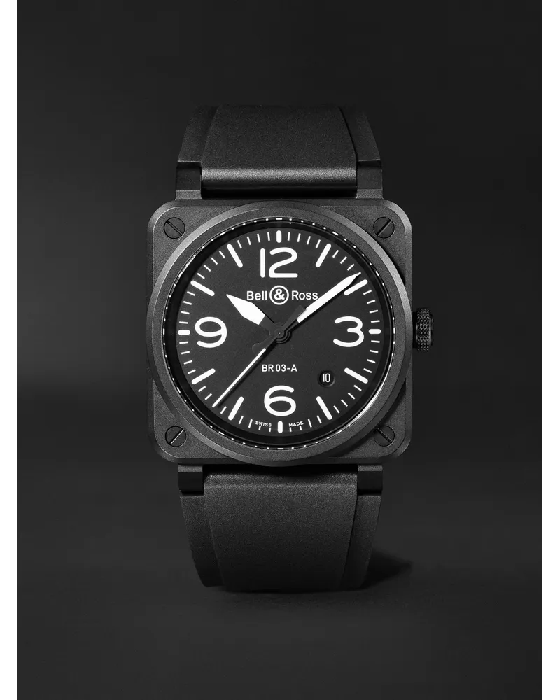 Bell & Ross Br 03 41 Mm Uhr Aus Keramik Mit Automatischem Aufzug Und Kautschukarmband Ref. Nr.: Br03a Bl Ce/Srb Schwarz