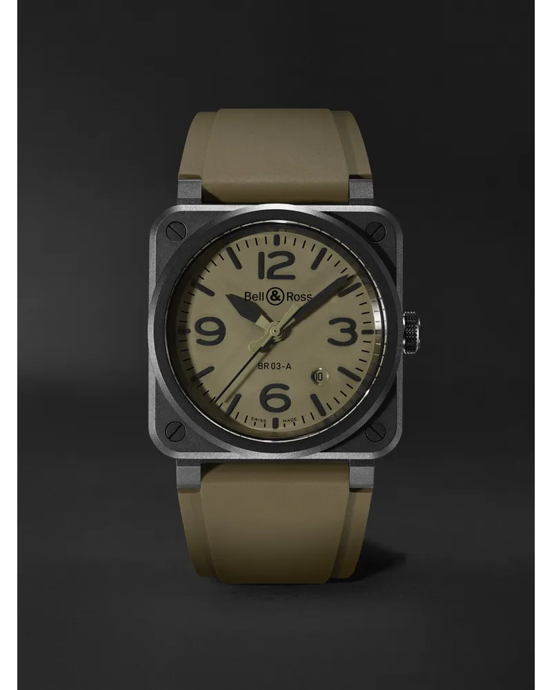 Bell & Ross Br 03 41 Mm Uhr Aus Keramik Mit Automatischem Aufzug Und Kautschukarmband Ref. Nr.: Br03a Mil Ce/Srb GrüN
