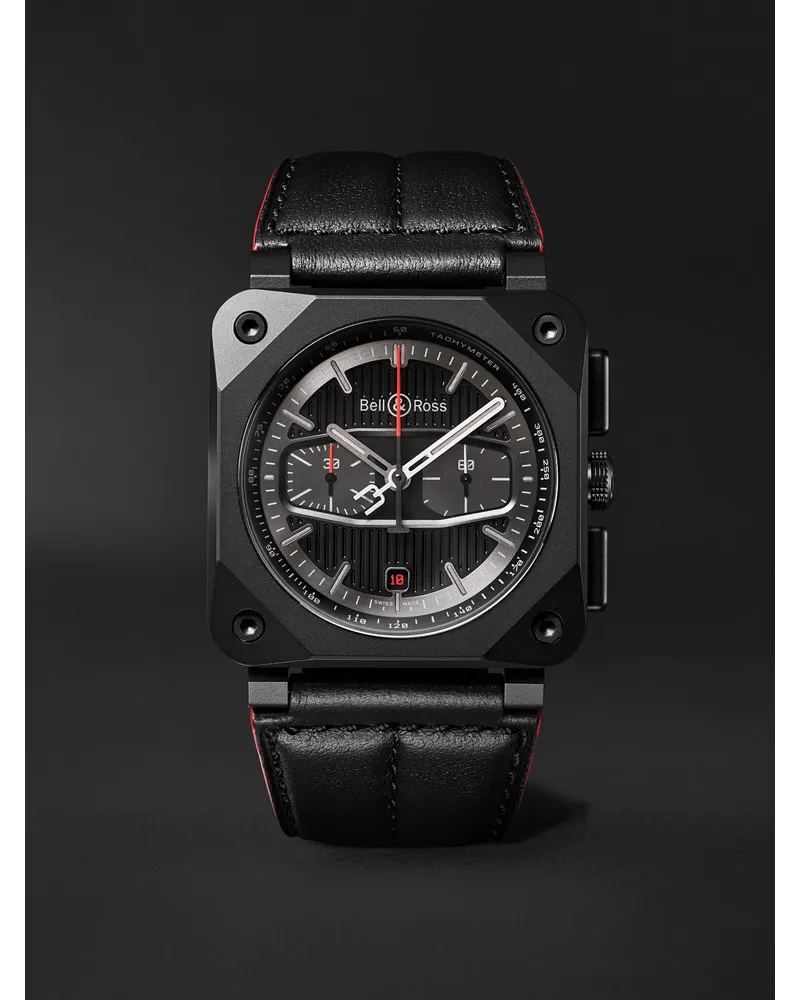 Bell & Ross Br 03 94 Blacktrack Chronograph 42 Mm Uhr Aus Keramik Mit Automatischem Aufzug Und Lederarmband In Limitierter Auflage Ref. Nr.: Br0394 Btr Ce/Sca Schwarz
