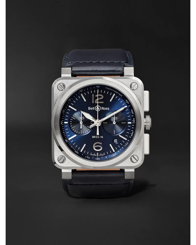Bell & Ross Br 03 94 Blue Steel Chronograph 42 Mm Uhr Aus Stahl Mit Automatischem Aufzug Und Lederarmband Ref. Nr.: Br0394‐Blu ­St/Sca Blau