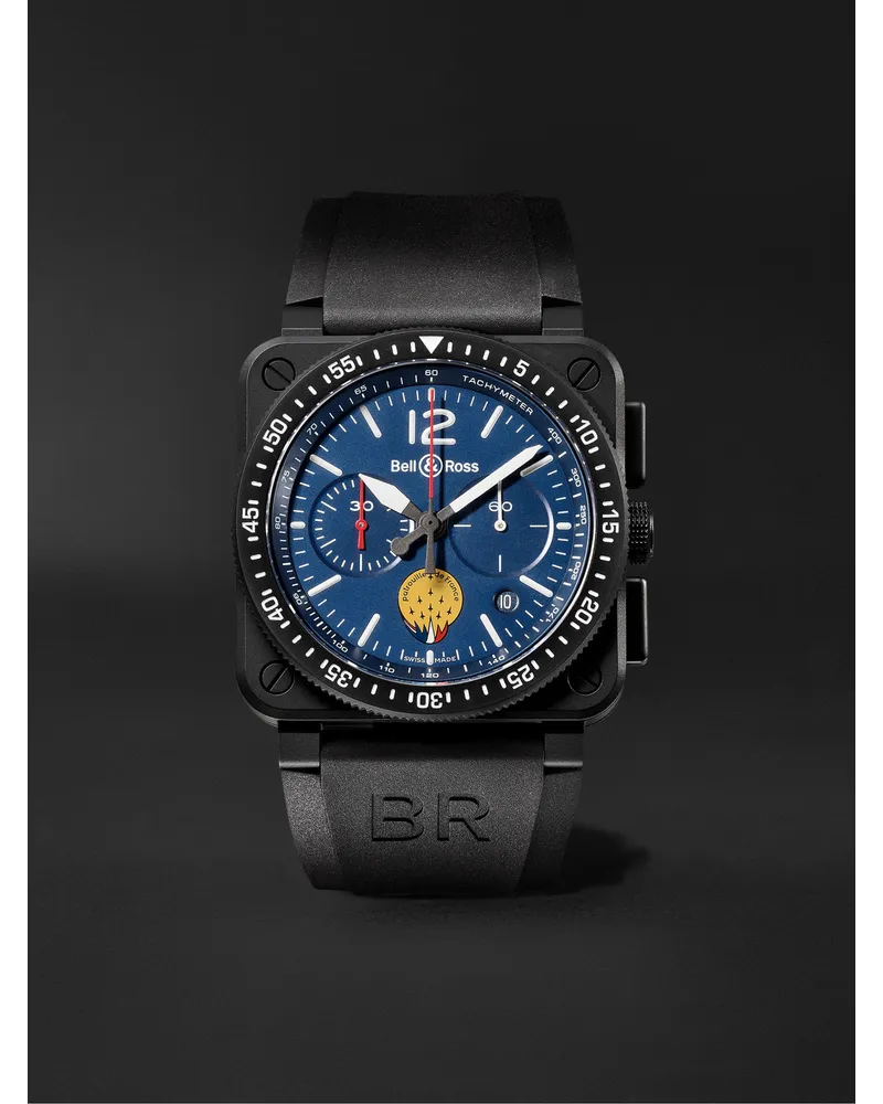 Bell & Ross Br 03 94 Pa94 Patrouille De France Chronograph Uhr Aus Keramik Mit Kautschukarmband In Limitierter Auflage Ref. Nr.: Br0394 Paf1 Ce/Srb Blau