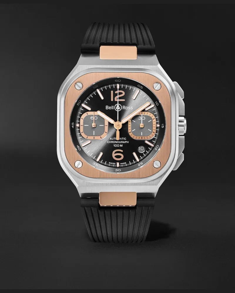 Bell & Ross Br 05 Chronograph 42 Mm Uhr Aus 18 Karat RoséGold Und Edelstahl Mit Automatischem Aufzug Kautschukarmband Ref. Nr.: Br05c Rth Stpg/Srb Schwarz