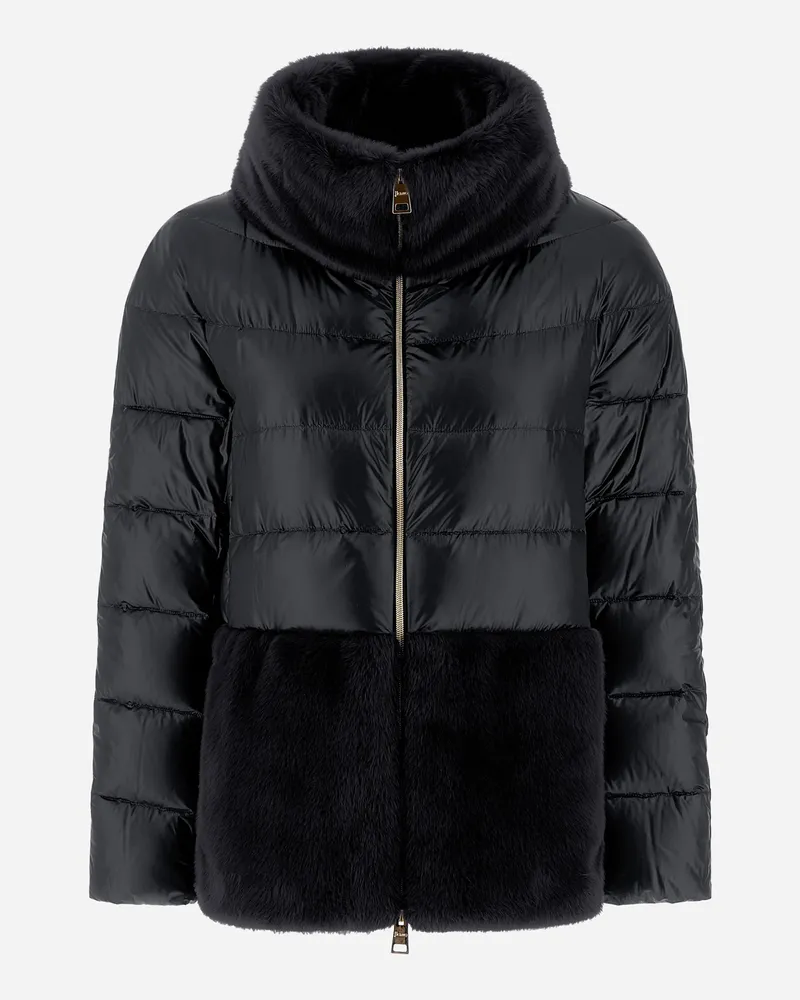 Herno Cape Aus Nylon Ultralight Und New Lady Faux Fur Schwarz