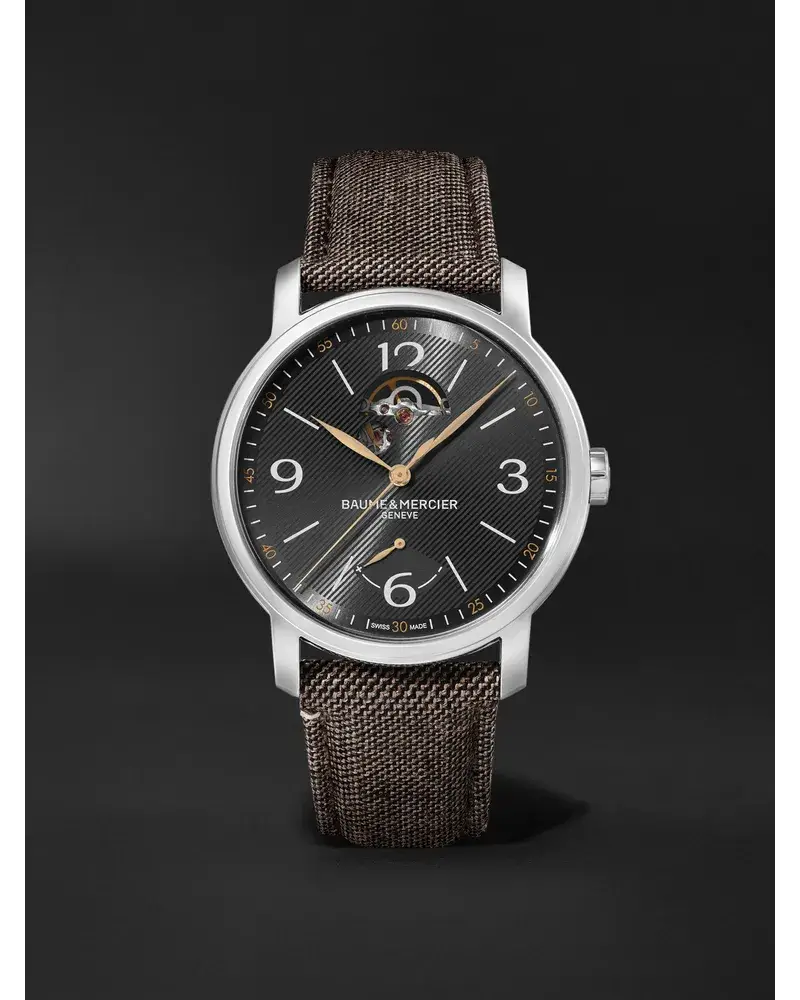 Baume & Mercier Classima 42 Mm Uhr Aus Edelstahl Mit Automatischem Aufzug Und Canvas Armband Ref. Nr.: M0a10718 Braun