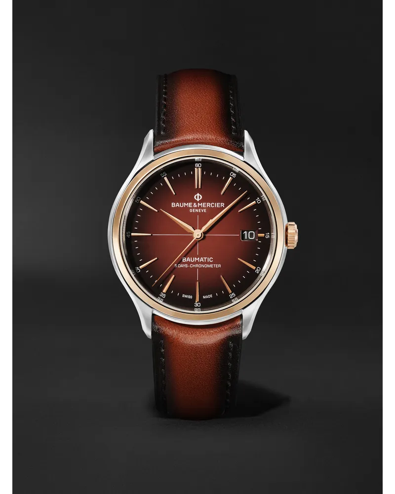 Baume & Mercier Clifton Baumatic 40 Mm Uhr Aus Edelstahl Mit Automatischem Aufzug Und Lederarmband Ref. Nr.: M0a10713 Braun