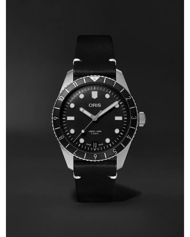 ORIS Divers Sixty Five Automatic 40 Mm Uhr Aus Edelstahl Mit Lederarmband Ref. Nr. 01 400 7772 4054 07 5 20 82 Schwarz