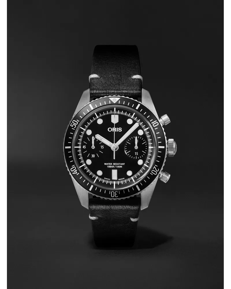ORIS Divers Sixty Five Chronograph 40 Mm Uhr Aus Edelstahl Mit Automatischem Aufzug Und Lederarmband Ref. Nr.: 01 771 7791 4054 07 6 20 Schwarz