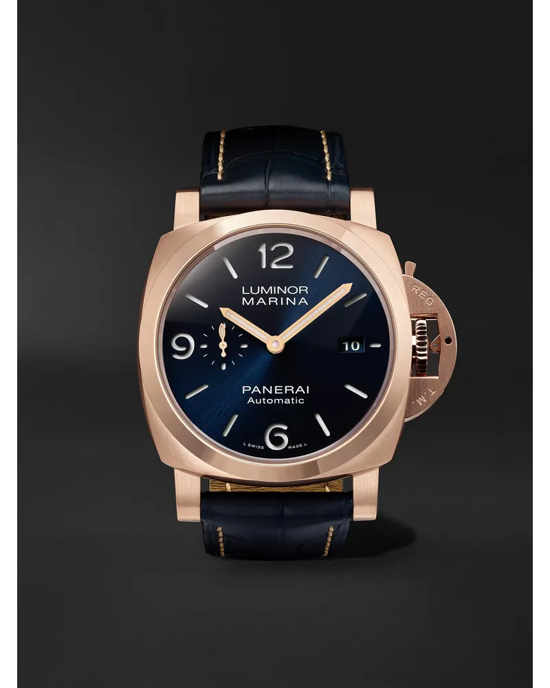 OFFICINE PANERAI Luminor Marina Sole Blu Automatic 44 Mm Uhr Aus Goldtech Mit Alligatorlederarmband Ref. Nr. Pam01112 Blau