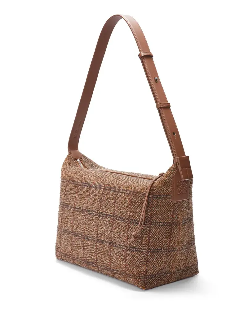 Loewe Luxury Cubi Crossbody Bag In Tartan Brushed Suede Tan