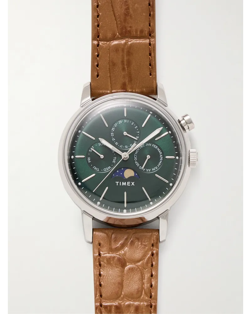 Timex Marlin® Moon Phase 40 Mm Uhr Aus Edelstahl Mit Armband Leder In Krokodiloptik Braun