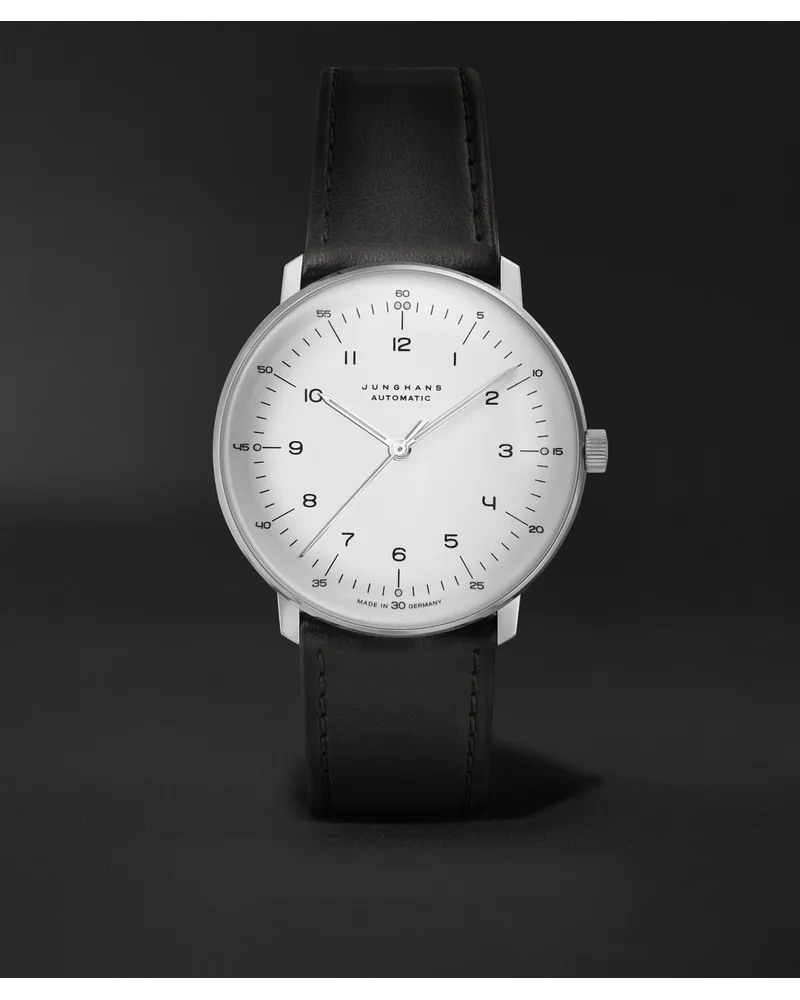 Junghans Max Bill 38 Mm Uhr Aus Edelstahl Mit Automatischem Aufzug Und Lederarmband Ref. Nr.: 27/3500.02 Weiß