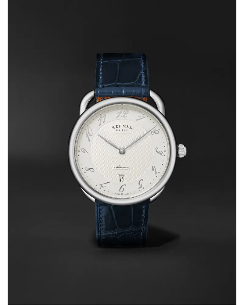 Hermès Montre Arceau Automatic 40 Mm Uhr Aus Edelstahl Mit Alligatorlederarmband Ref. Nr. 55547ww00 Weiß
