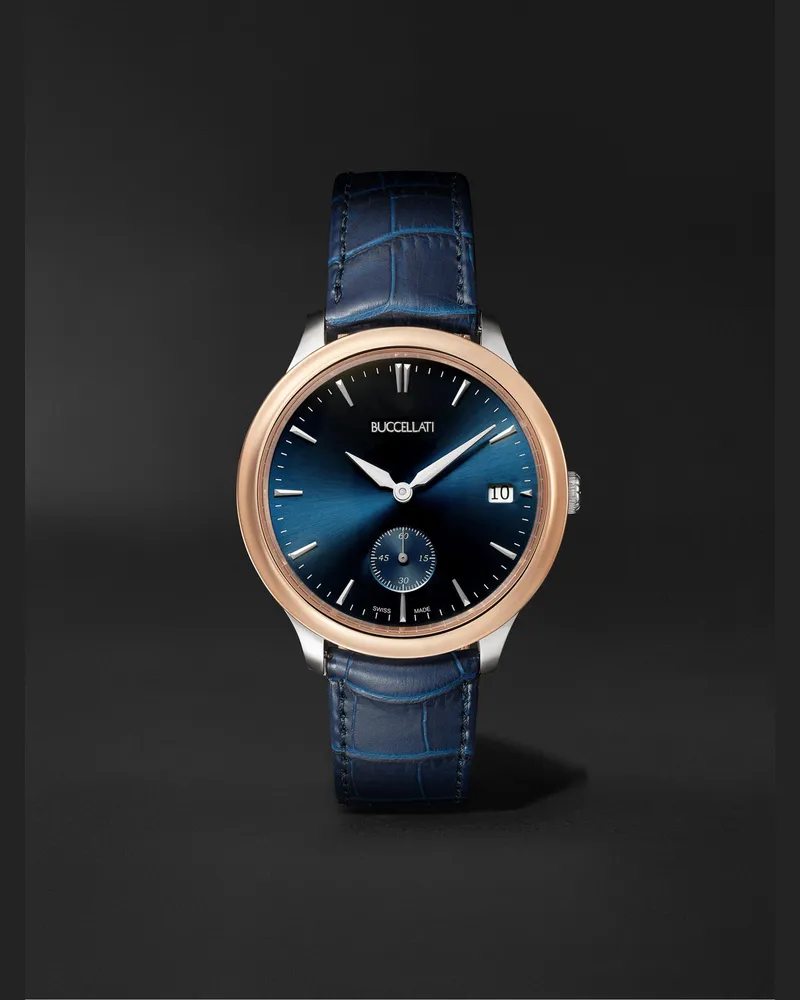 Buccellati Ornatino Automatic 42 Mm Uhr Aus 18 Karat Rot Und WeißGold Mit Lederarmband Krokodileffekt Ref. Nr. Waumge013179 Blau