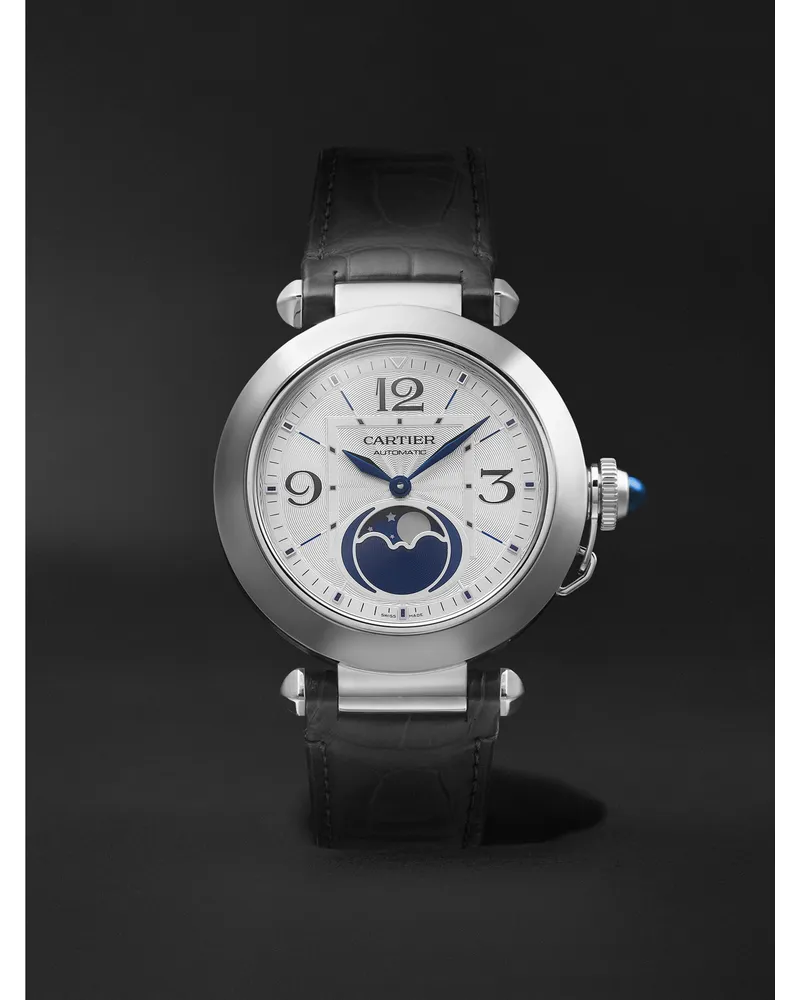 Cartier Pasha De 41 Mm Uhr Aus Edelstahl Mit Automatischem Aufzug Und Alligatorlederarmband Ref. Nr.: Wspa0030 Weiß