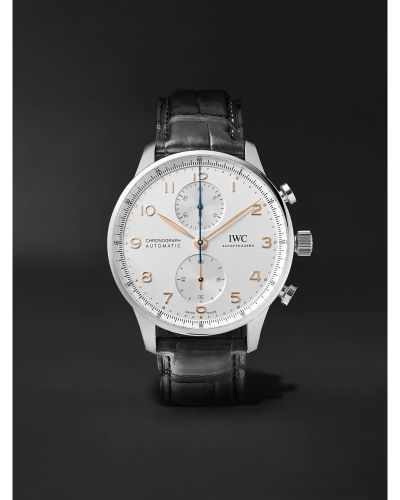 IWC Portugieser Chronograph 41 Mm Uhr Aus Edelstahl Mit Automatischem Aufzug Und Alligatorlederarmband Ref. Nr.: Iw371604 Silber