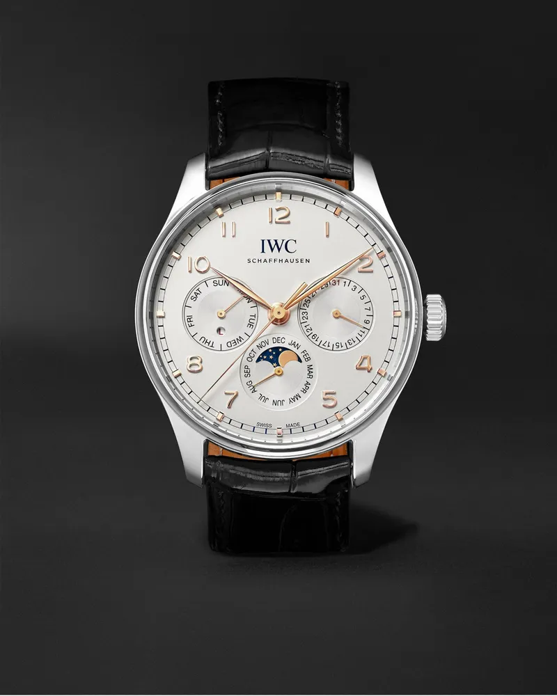 IWC Portugieser Perpetual Calendar 424 Mm Uhr Aus Edelstahl Mit Automatischem Aufzug Und Alligatorlederarmband Ref. Nr.: Iw344203 Silber