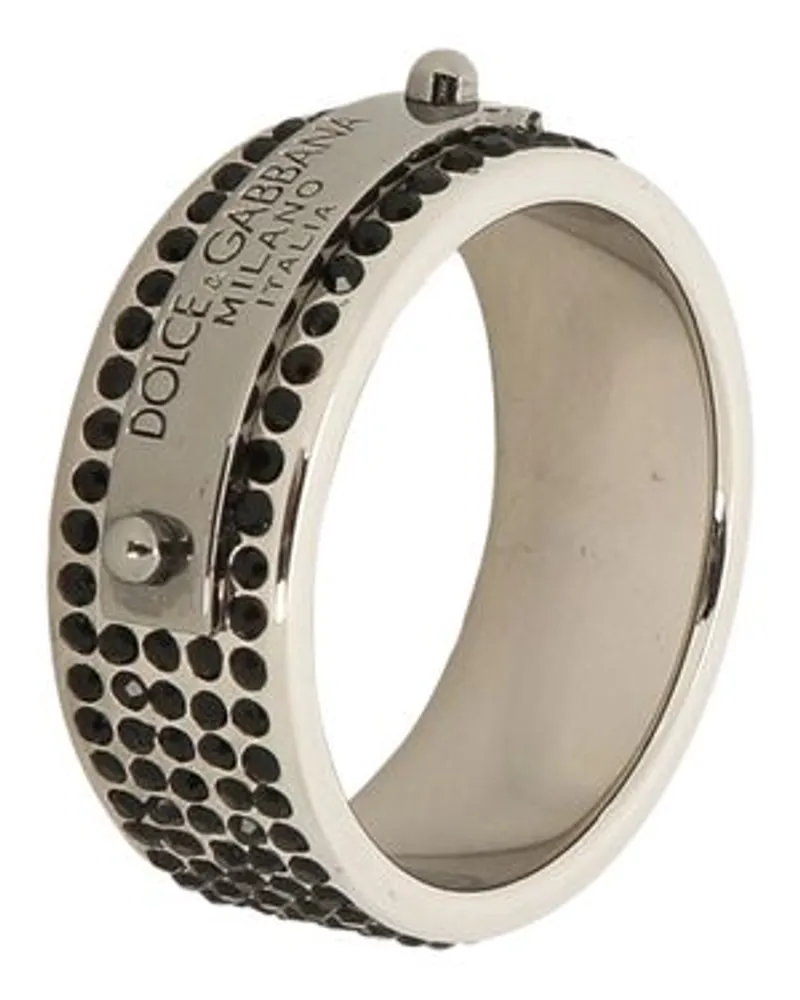 Dolce & Gabbana Ring Mit Logoplakette Und Strasssteinen Silver