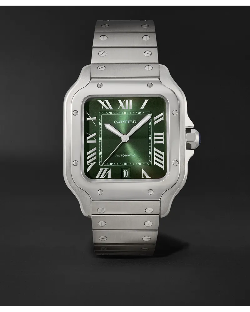 Cartier Santos De 398 Mm Uhr Mit Automatischem Aufzug Und Einem Edelstahlarmband Sowie Alligatorlederarmband Zum Wechseln Ref. Nr.: Crwssa0062 GrüN