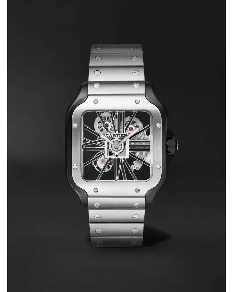 Cartier Santos De Skeleton 398 Mm Uhr Mit Handaufzug Sowie Stahl Und Alligatorlederarmband Zum Wechseln Ref. Nr.: Whsa0027 Grau