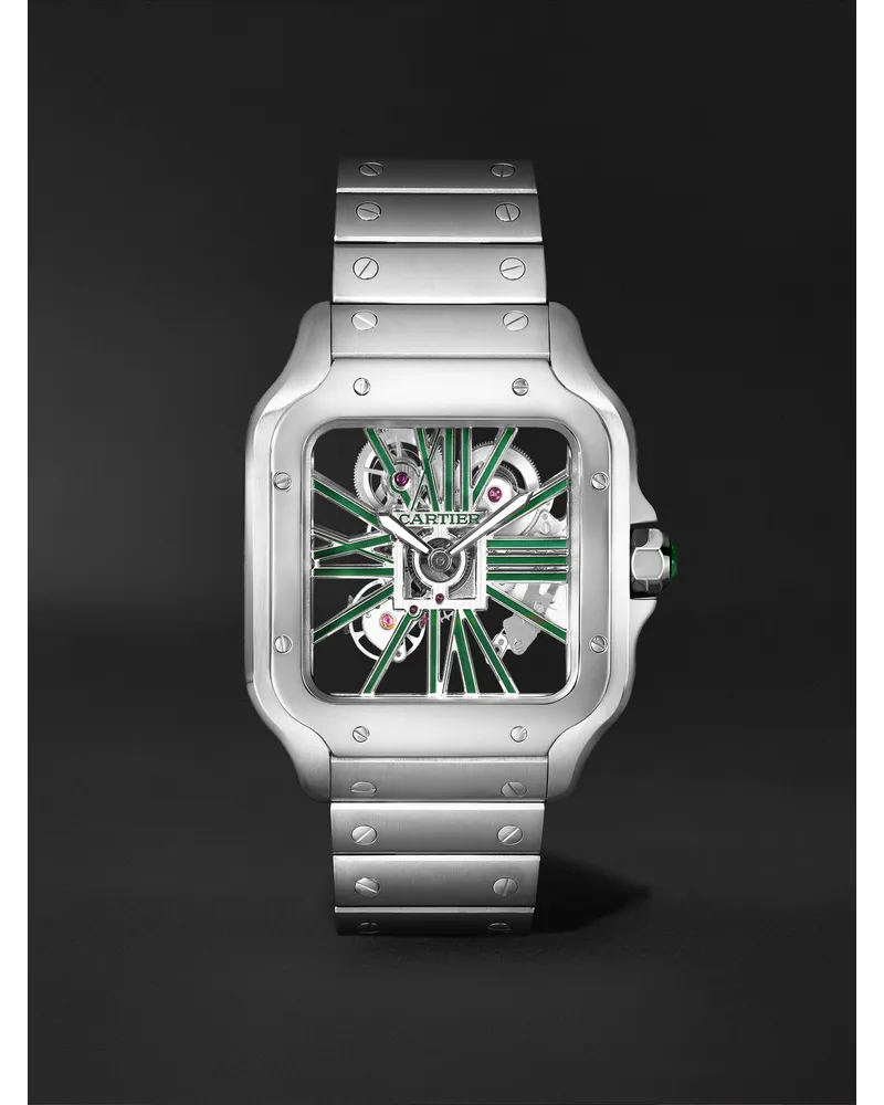 Cartier Santos De Skeleton 398 Mm Uhr Mit Handaufzug Stahl Und Alligatorlederarmband Zum Wechseln Ref. Nr.: Whsa0028 GrüN