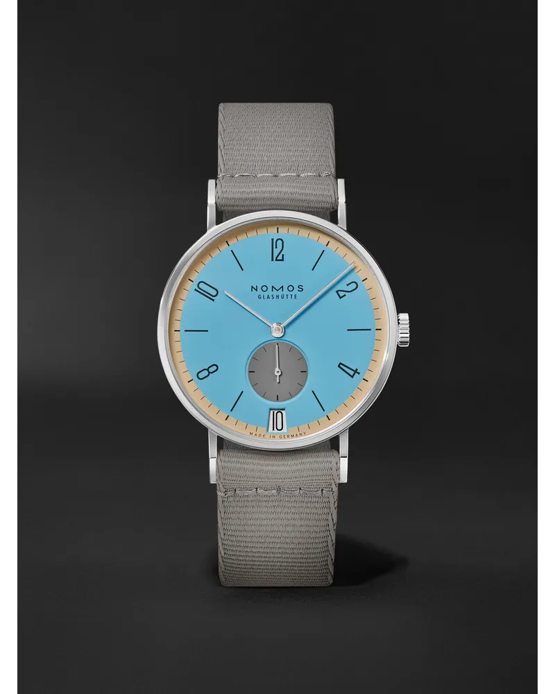 NOMOS Glashütte Tangente 38 Date Delfin – 375 Mm Uhr Aus Edelstahl Mit Handaufzug Und Textilarmband In Limitierter Auflage Ref. Nr.: 179.S22 Blau