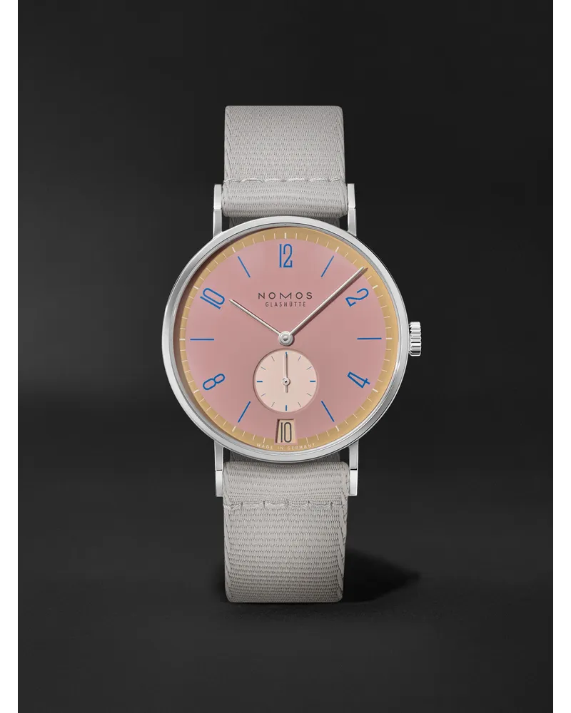 NOMOS Glashütte Tangente 38 Date Pompadour – 375 Mm Uhr Aus Edelstahl Mit Handaufzug Und Textilarmband In Limitierter Auflage Ref. Nr.: 179.S15 Pink
