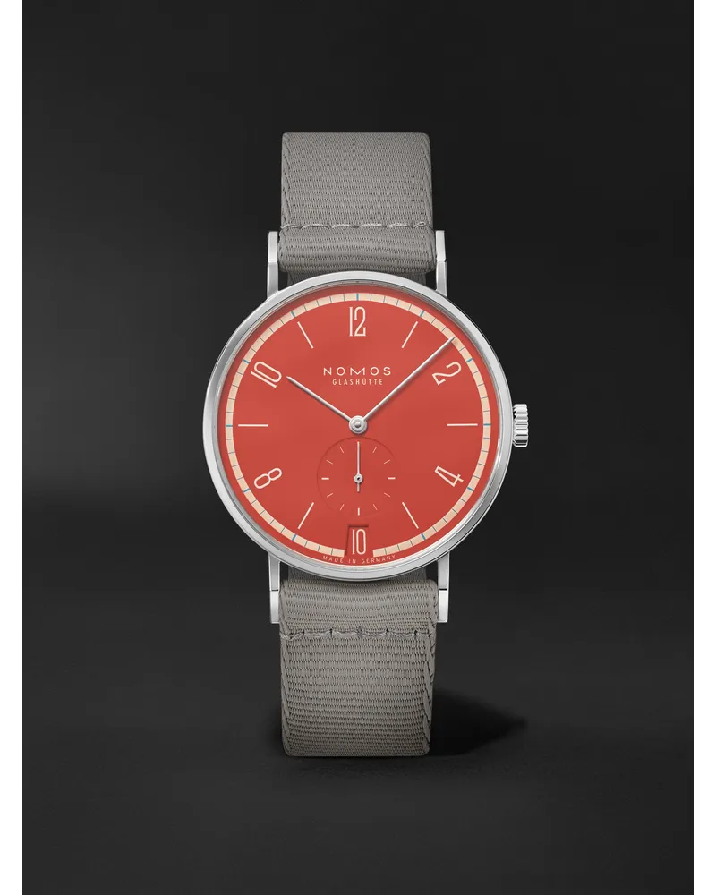 NOMOS Glashütte Tangente 38 Date Rambazamba – 375 Mm Uhr Aus Edelstahl Mit Handaufzug Und Textilarmband In Limitierter Auflage Ref. Nr.: 179.S14 Orange