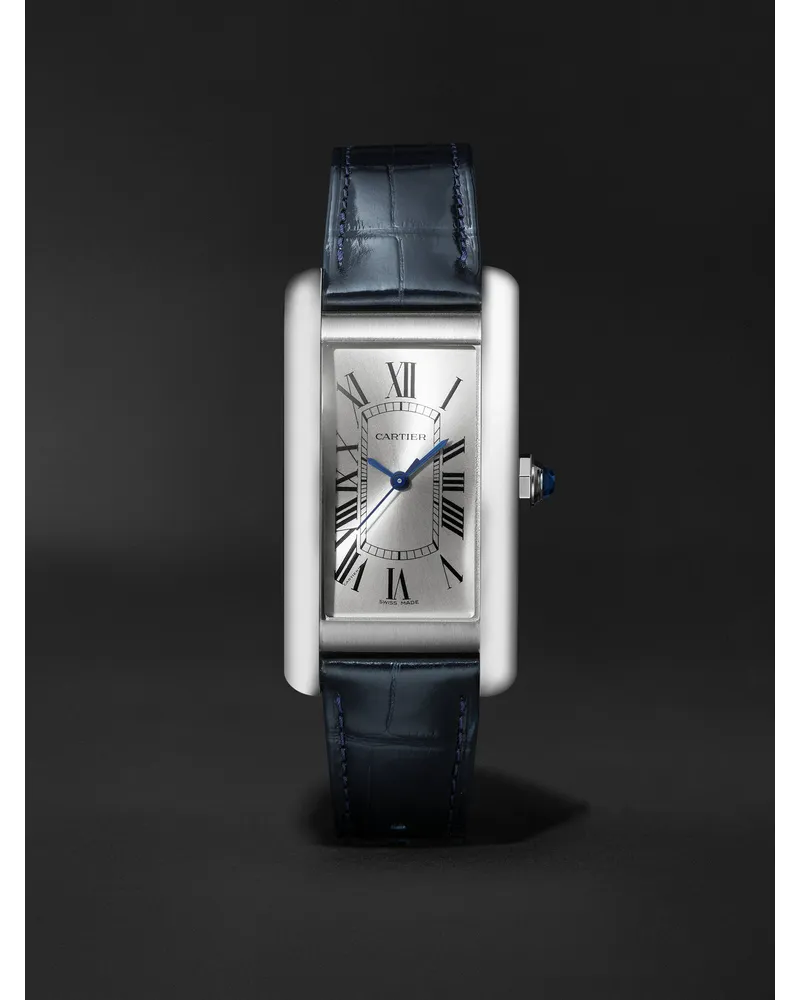 Cartier Tank AméRicaine 416 Mm Uhr Aus Edelstahl Mit Automatischem Aufzug Und Alligatorlederarmband Ref. Nr.: Wsta0044 Silber