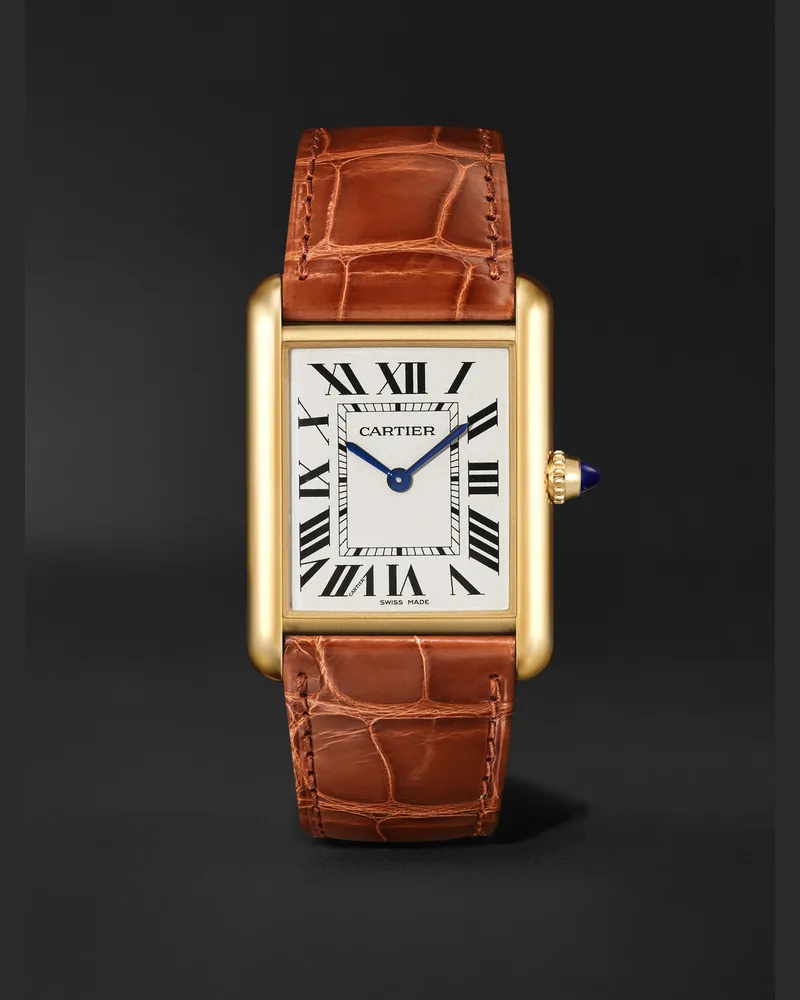 Cartier Tank Louis 34 Mm Uhr Aus 18 Karat Gold Mit Alligatorlederarmband Ref. Nr.: Crw1529756 Silber