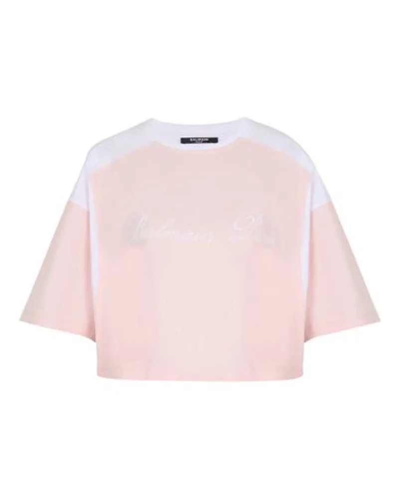 Balmain Zweifarbiges T Shirt Mit Stickerei Balmain Signature Pink
