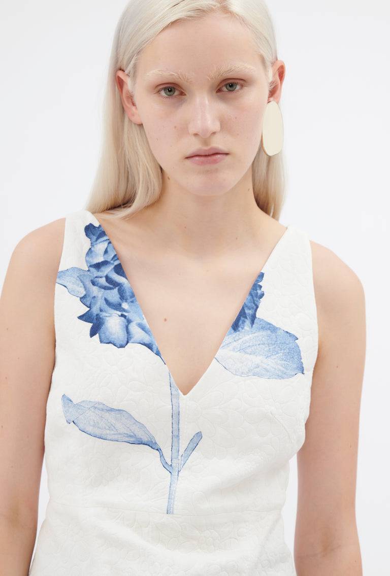 Odeeh Hydrangea Matelassé "Placed Print" Top, Delft Blue