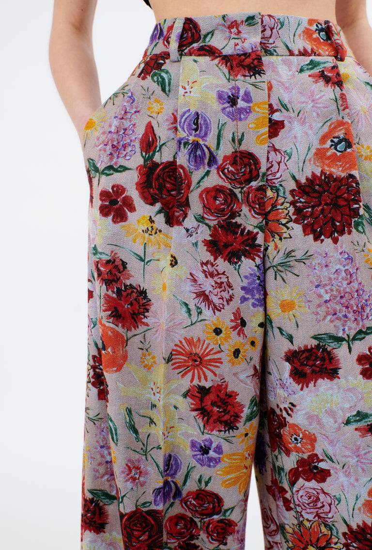 Odeeh Impressionist Flowers Cotton Denim Hose, Foggy Blue