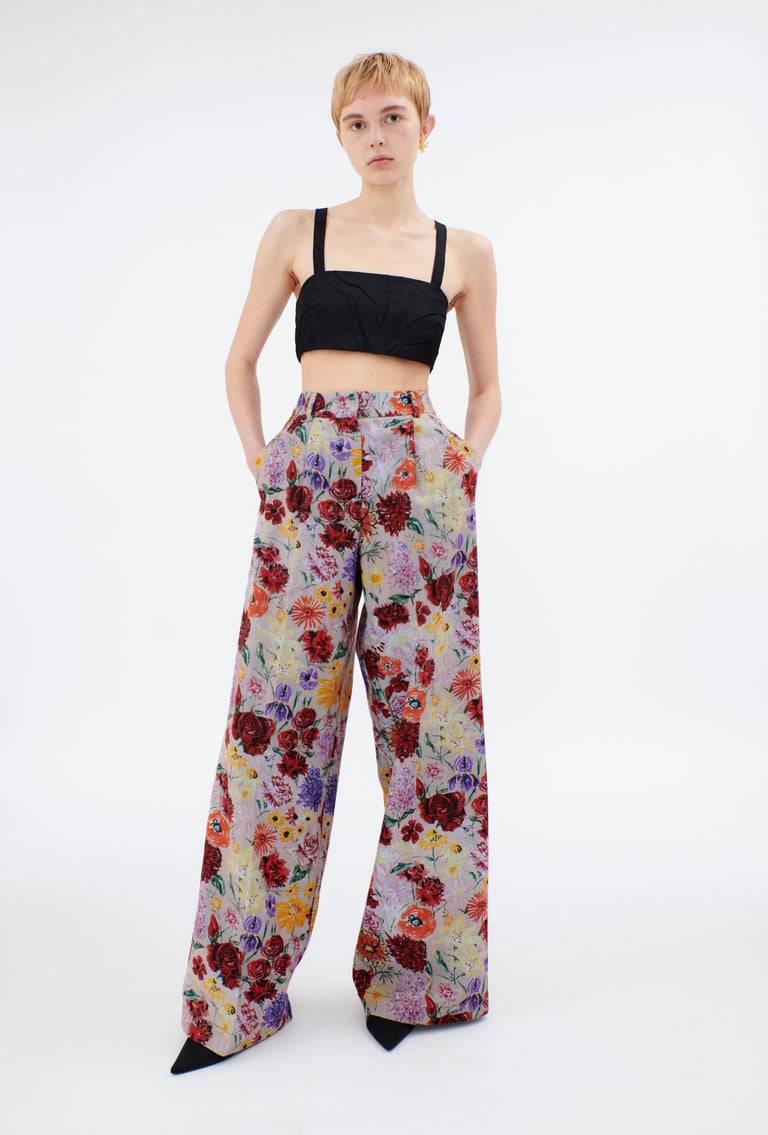 Odeeh Impressionist Flowers Cotton Denim Hose, Foggy Blue