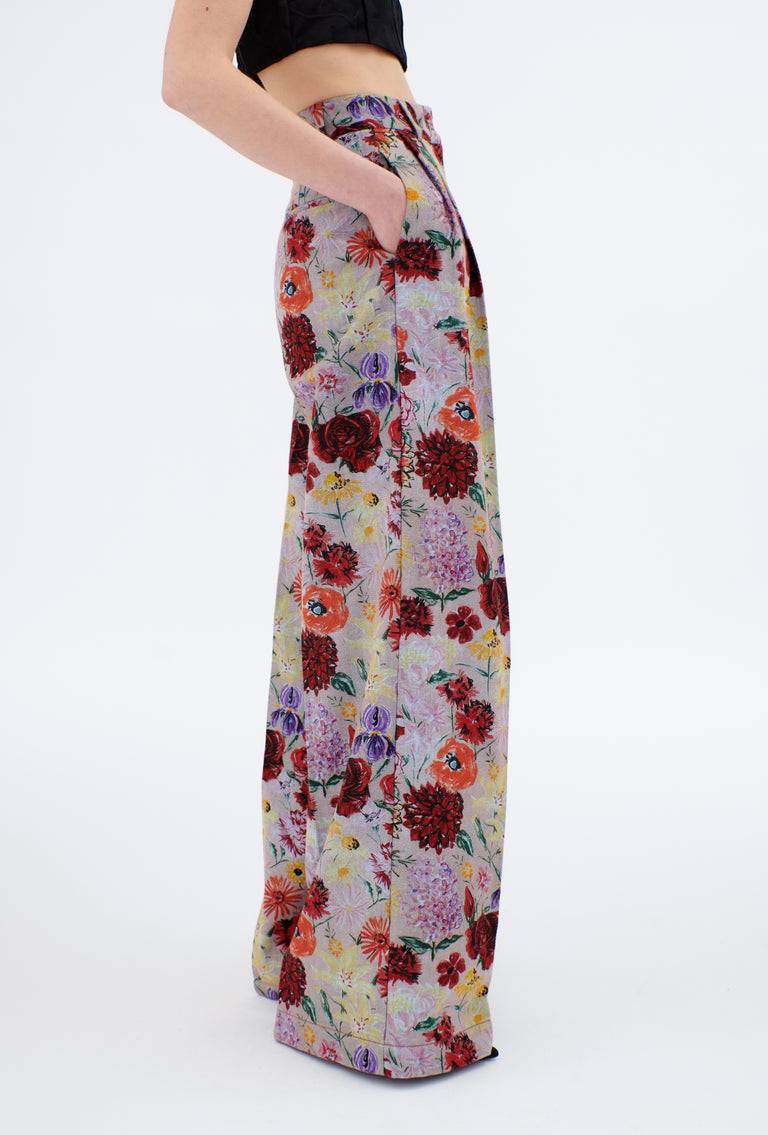 Odeeh Impressionist Flowers Cotton Denim Hose, Foggy Blue