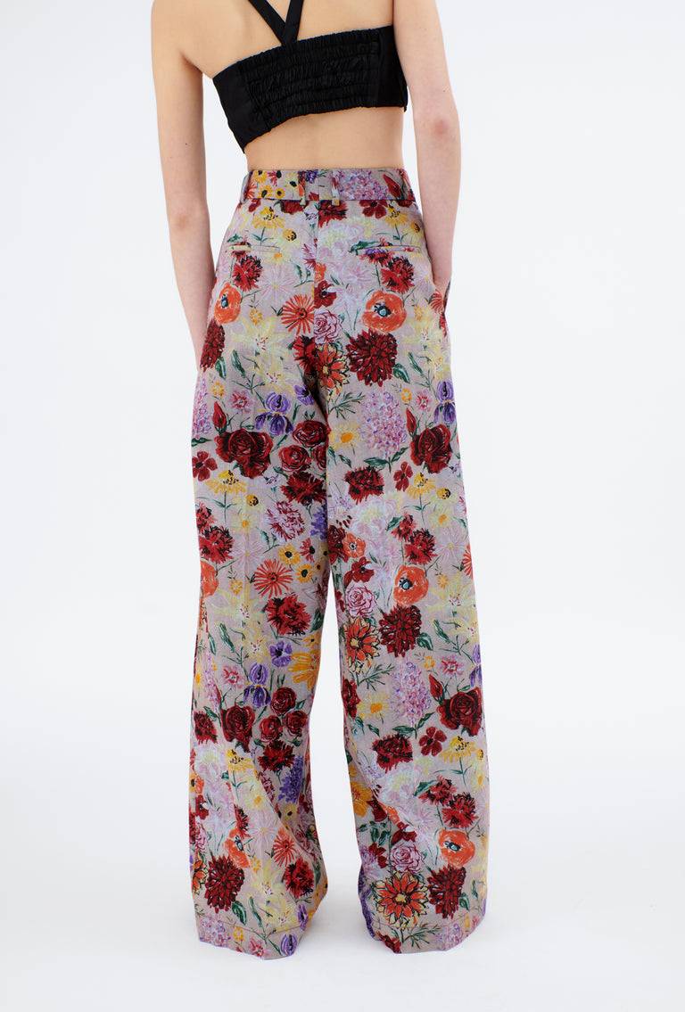 Odeeh Impressionist Flowers Cotton Denim Hose, Foggy Blue