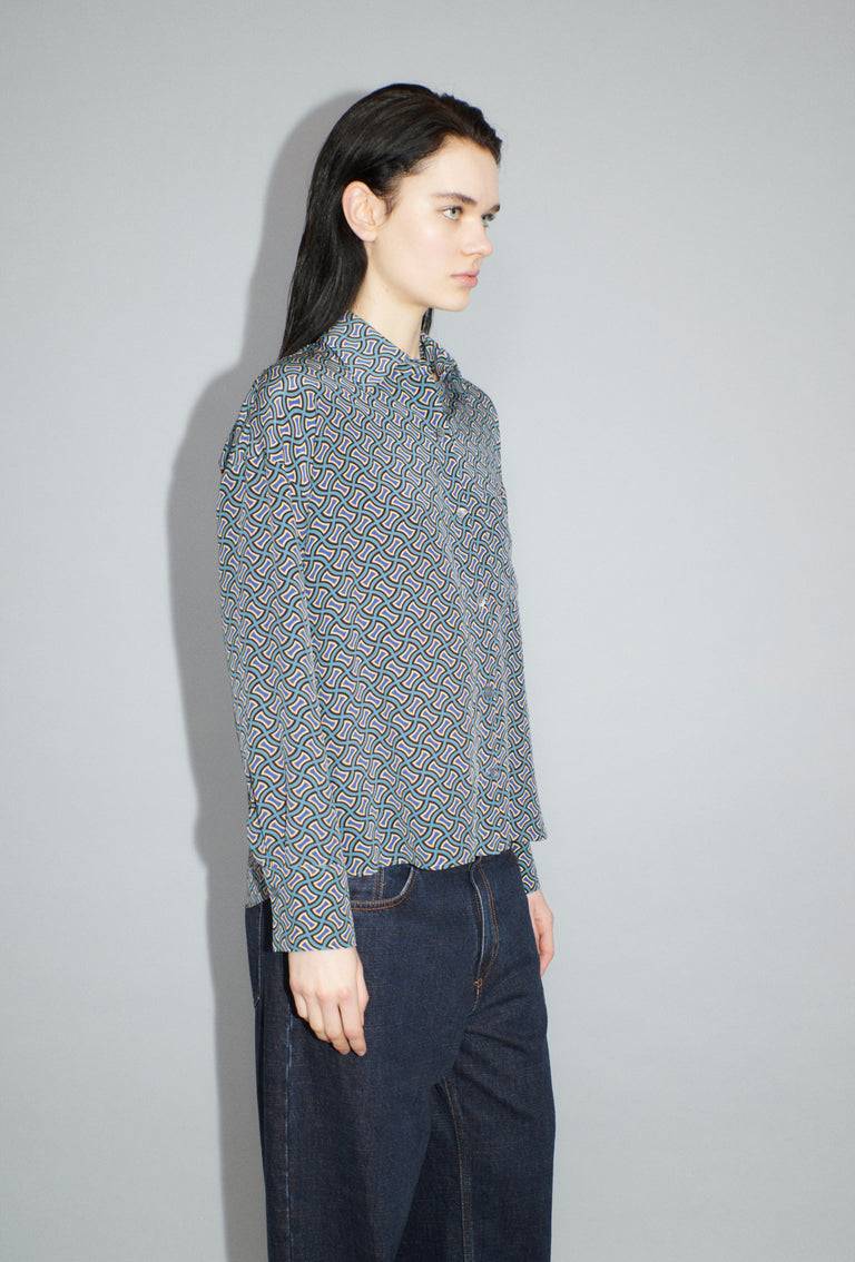 Odeeh Morphid Grid On Crepe De Chine Bluse, Lake Green