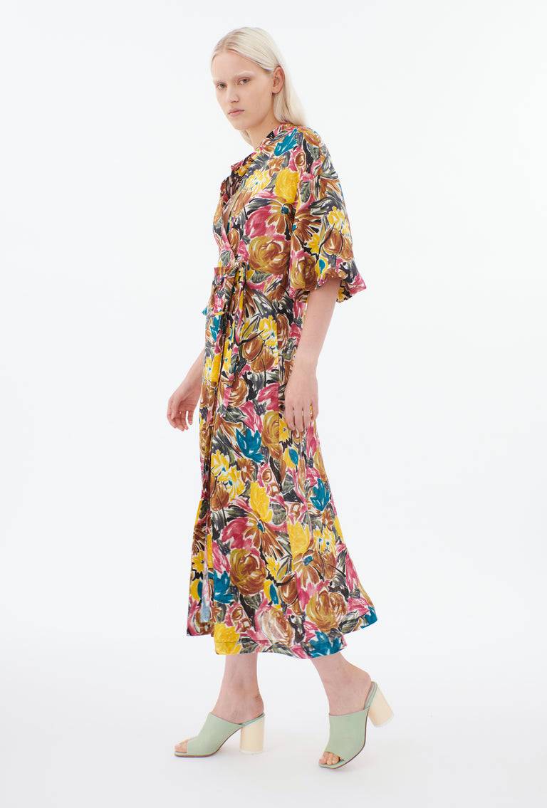 Odeeh Brush-Stroke Peonies Kleid, Tobacco