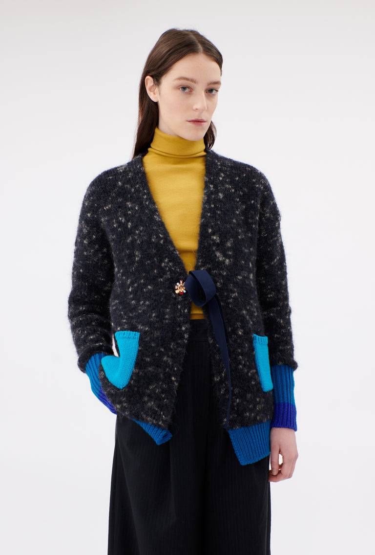 Odeeh Color Block Patch Cardigan, Granite