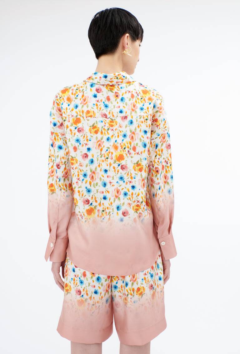 Odeeh Degradé Florets Silk Twill Bluse, Tangerine