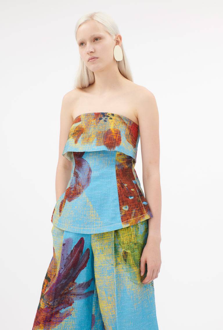 Odeeh Gouache Flowers Top, Caribbean Blue