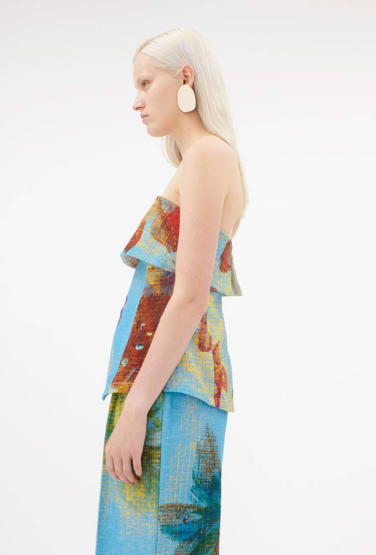 Odeeh Gouache Flowers Top, Caribbean Blue