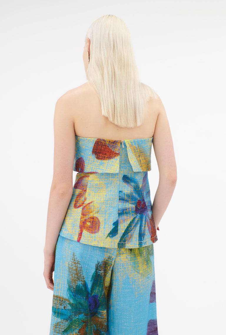 Odeeh Gouache Flowers Top, Caribbean Blue