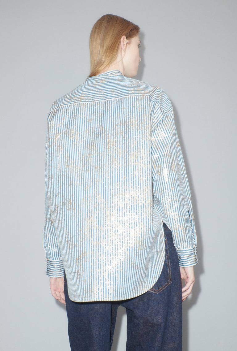 Odeeh Roman Stripe Gold Paint Bluse, Mountain Blue
