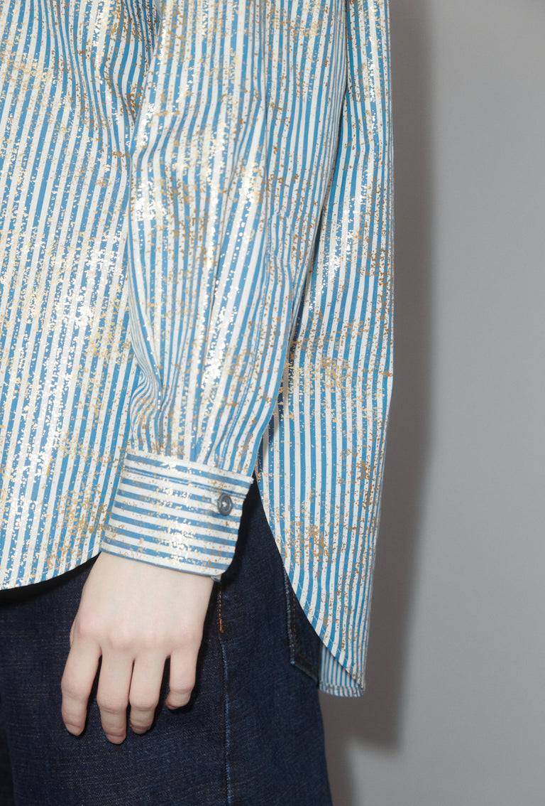 Odeeh Roman Stripe Gold Paint Bluse, Mountain Blue