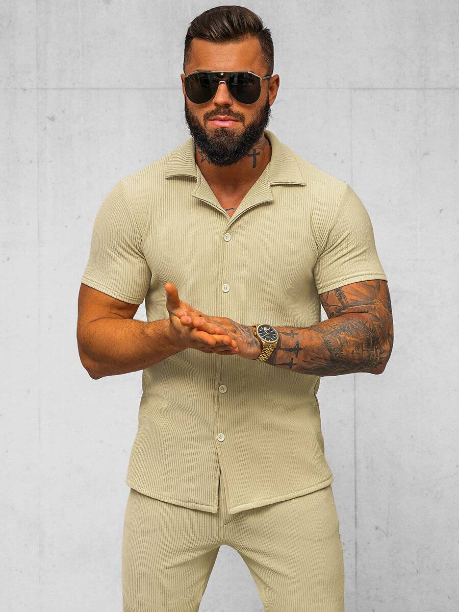 Ozonee Beige Herrenset – Hemd Und Hose OZONEE O/Y963TSP