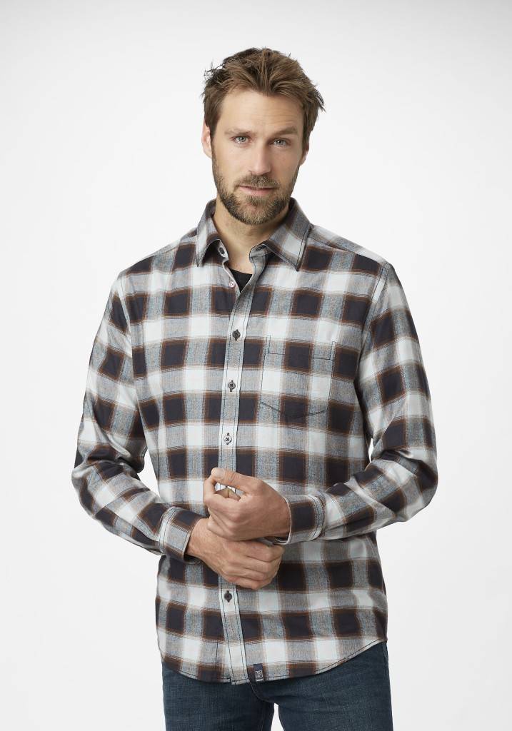Paddocks Long Sleeve Herringbone Check Shirt With Pocket Normale Passform - Night Blue