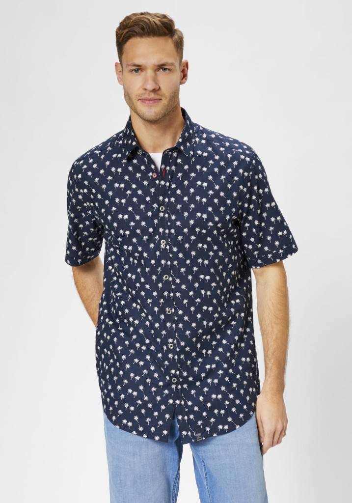 Paddocks Short Sleeve Shirt With All Over Palm Print Normale Passform - Dark Navy